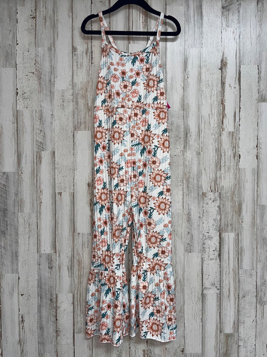 IVORY/TEAL BOUTIQUE FLORAL FLARE LEG ROMPER, GIRL 6/7