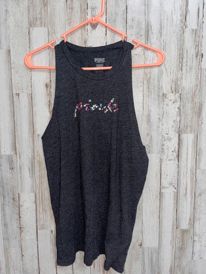 GREY VICTORIAS SECRET TWIST BACK FLORAL LOGO TANK, LADIES S