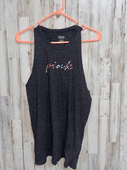 GREY VICTORIAS SECRET TWIST BACK FLORAL LOGO TANK, LADIES S