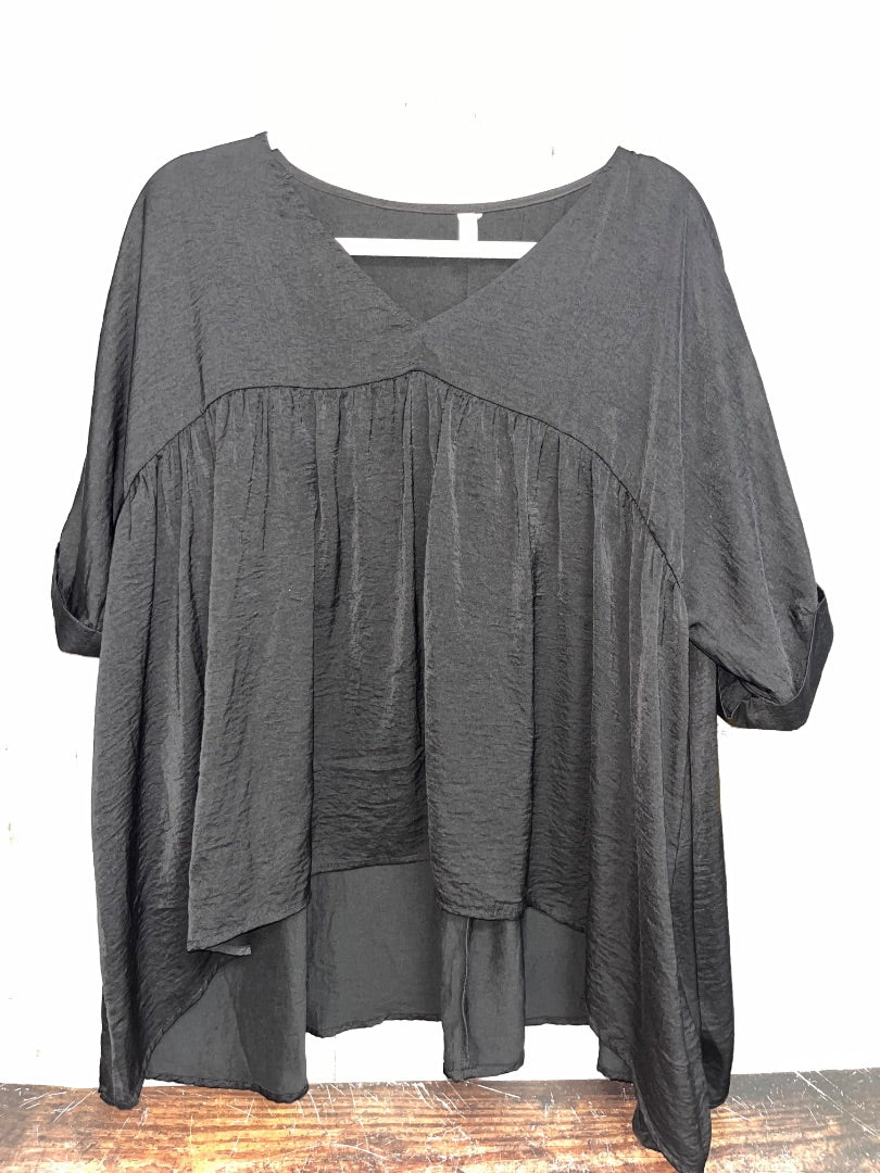 BLACK GLAM V NECK CUFF SLEEVE BLOUSE, LADIES M