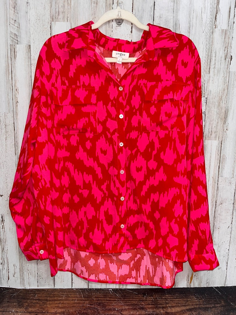 RED/PINK UMGEE PRINTED SILKY BUTTON UP, LADIES L