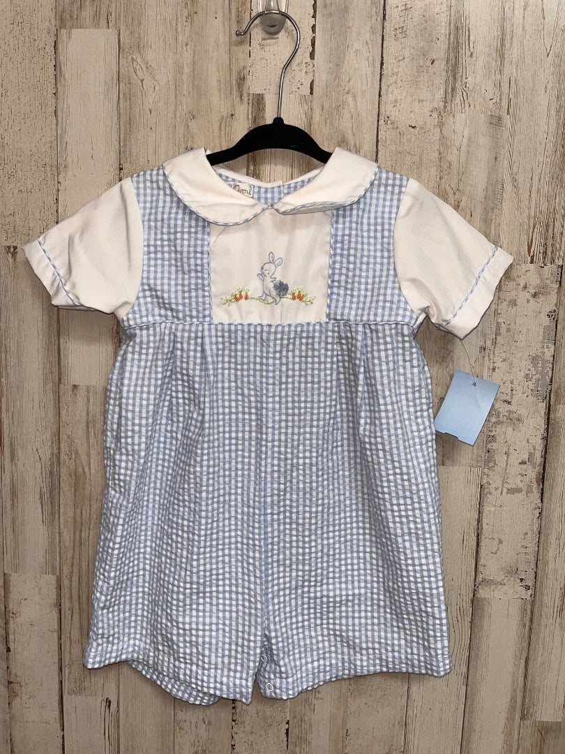 BLUE PETIT AMI BUNNY GINGHAM ROMPER, BOY 18M