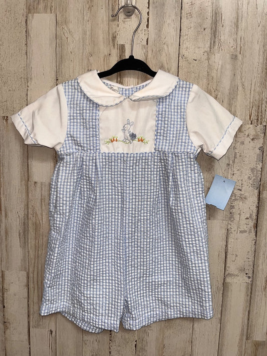 BLUE PETIT AMI BUNNY GINGHAM ROMPER, BOY 18M