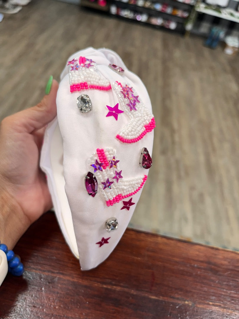 WHITE/PINK  COWGIRL BEADED HEADBAND