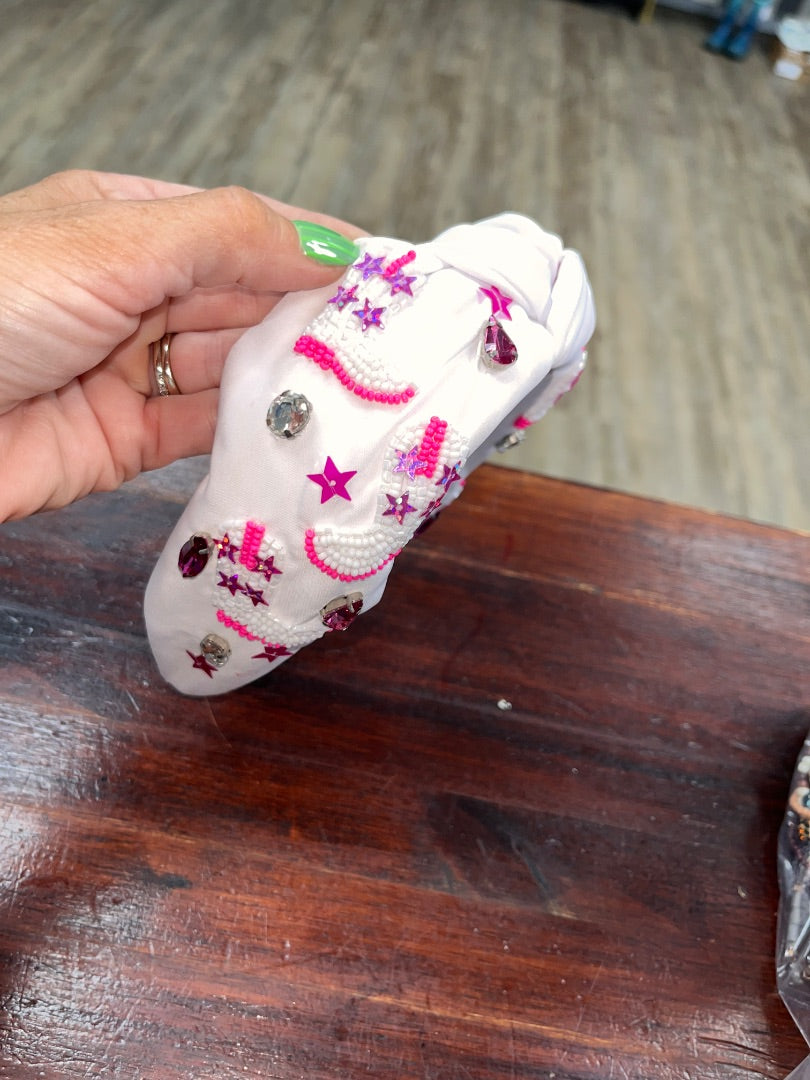 WHITE/PINK  COWGIRL BEADED HEADBAND