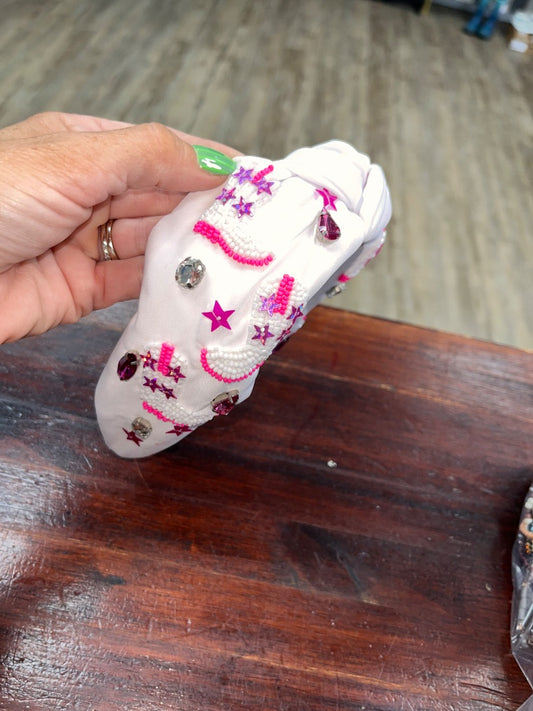 WHITE/PINK  COWGIRL BEADED HEADBAND
