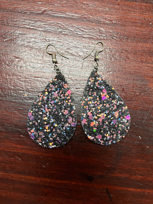 BLACK  GLITTER LEATHER TEARDROP EARRINGS