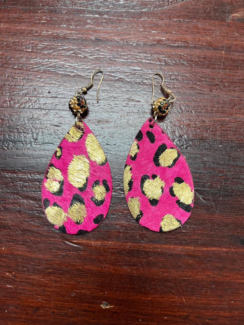 PINK/GOLD  LEATHER BEADED TEARDROP EARRINGS