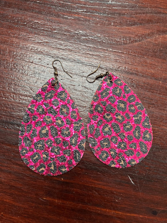 PINK/BLACK  LARGE LEATHER LEOPARD EARRINGS