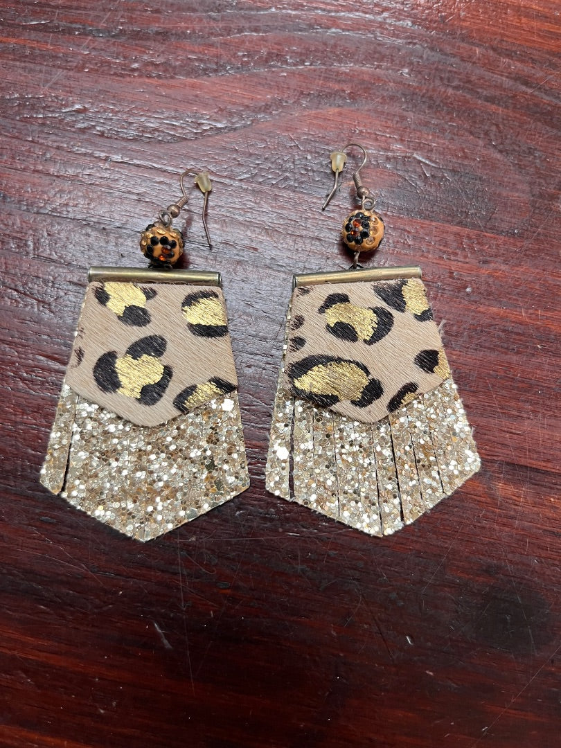 GOLD/TAN  GLITTER COWHIDE DANGLE EARRINGS