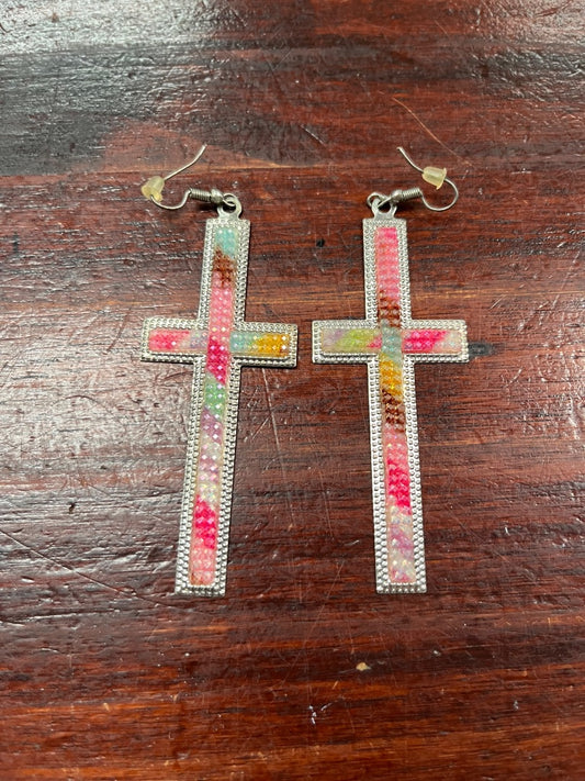 SILVER/MULTI  LARGE STONE CROSS EARRINGS