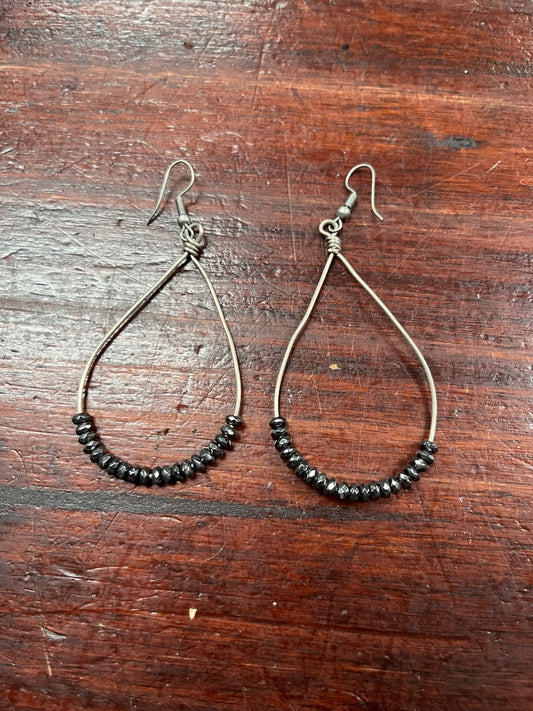 SILVER/DARK GREY  BEADED TEARDROP DANGLE EARRINGS