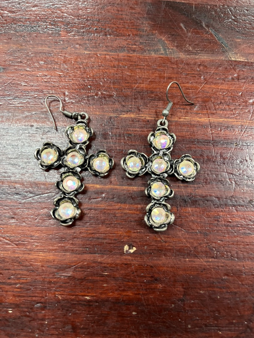 SILVER  RHINESTONE CROSS EARRINGS