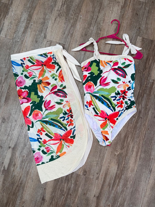 CREAM/GREEN  FLORAL SWIMSUIT W WRAP, LADIES L