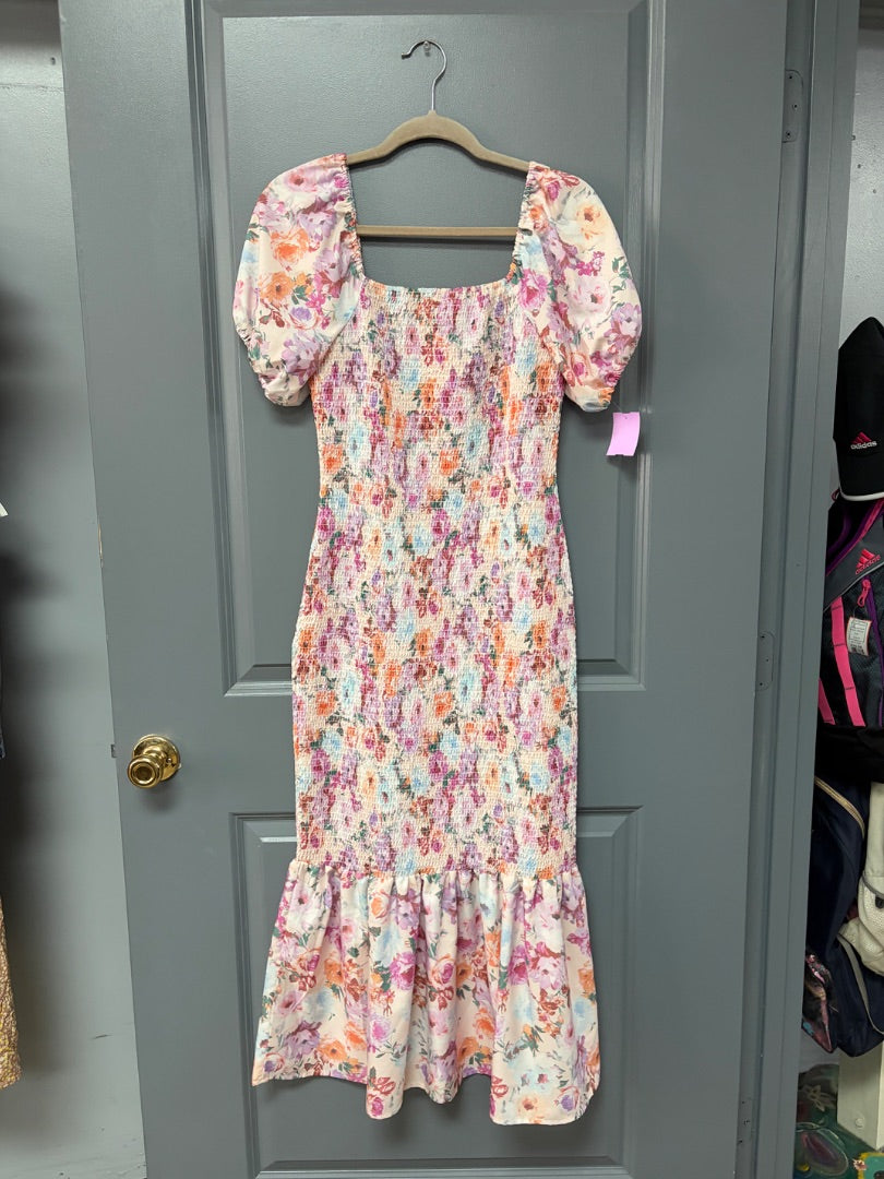 PURPLE  SMOCKED FLORAL DRESS, LADIES L