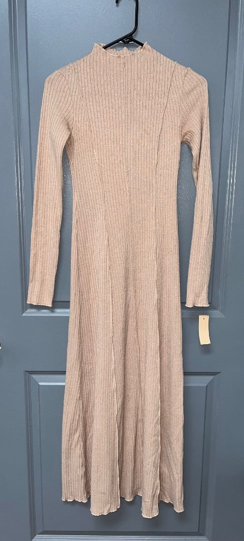 TAN MUSTARD SEED KNIT RIBBED FITTED DRESS, LADIES S