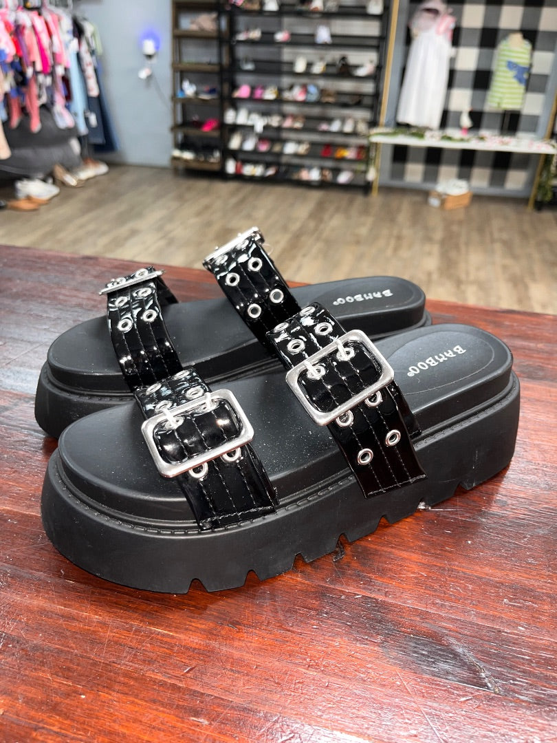 BLACK BAMBOO DOUBLE STRAP PLATFORM SANDALS, SHOES A9