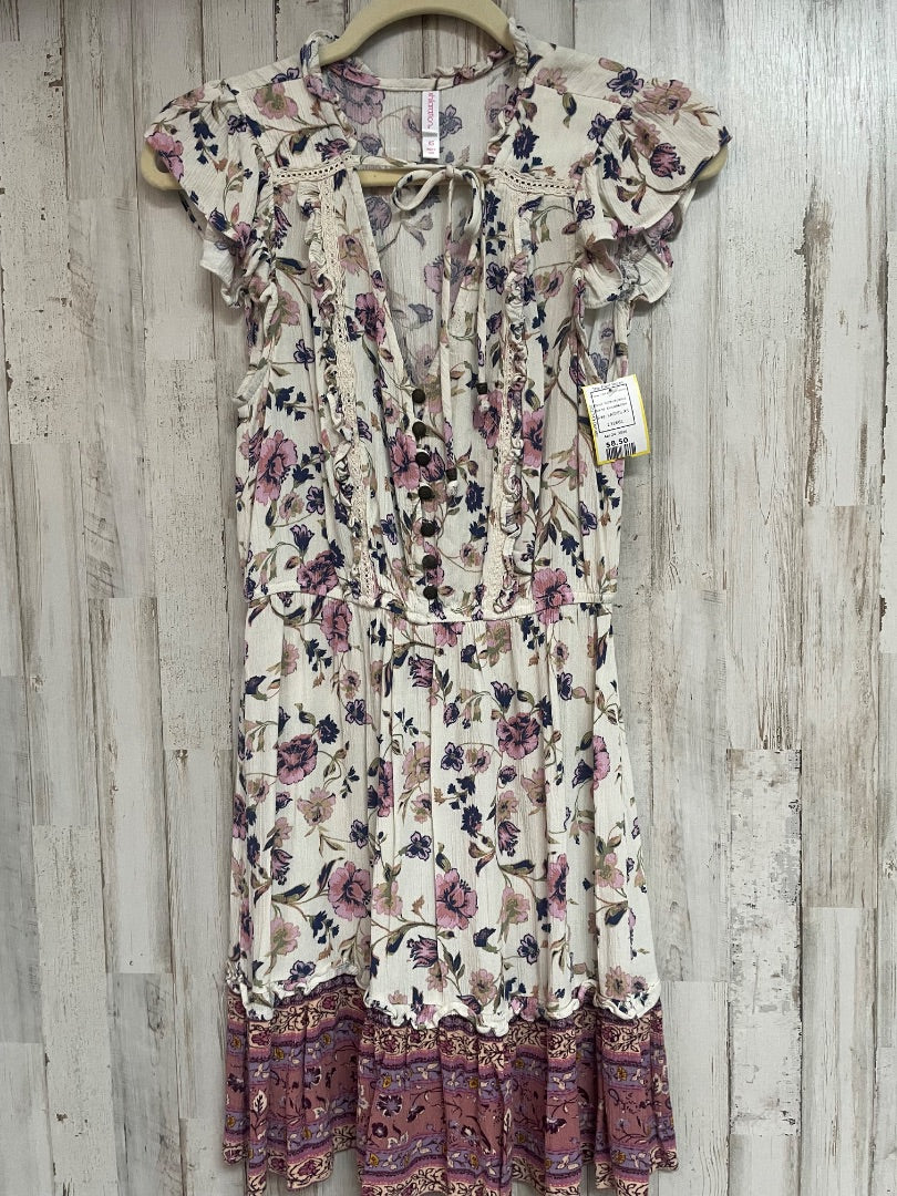 IVORY/PURPLE XHILARATION FLORAL TIER BUTTON DRESS, LADIES XS