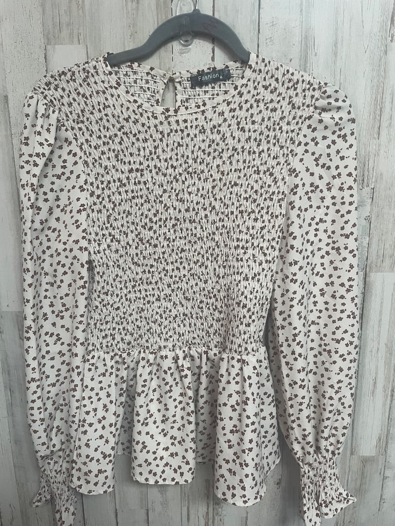 TAN/BROWN FASHION SMOCKED FLORAL TOP, LADIES M