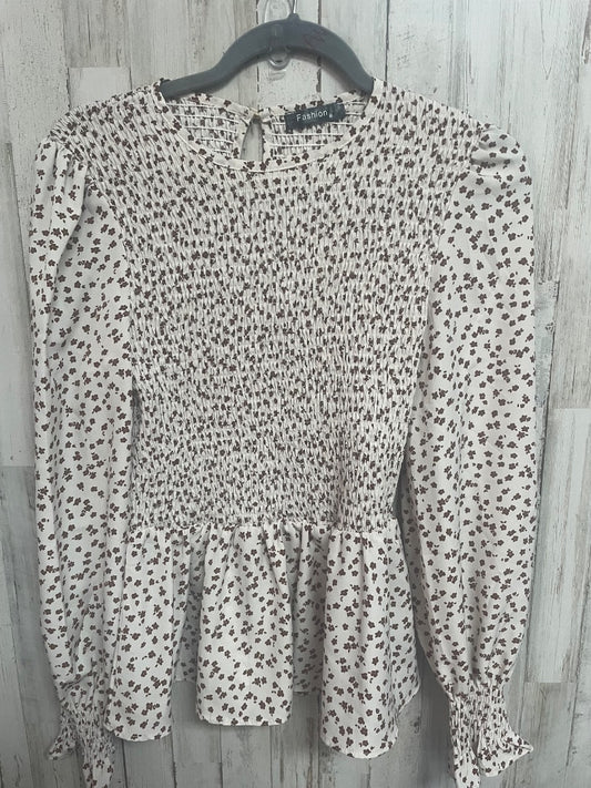 TAN/BROWN FASHION SMOCKED FLORAL TOP, LADIES M