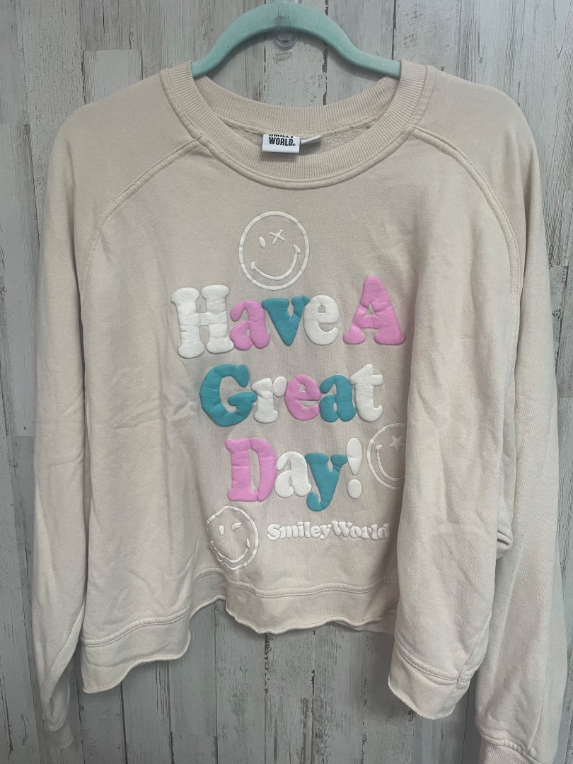 TAN SMILEY WORLD HAVE A GREAT DAY CROP SWEATSHIRT, LADIES L