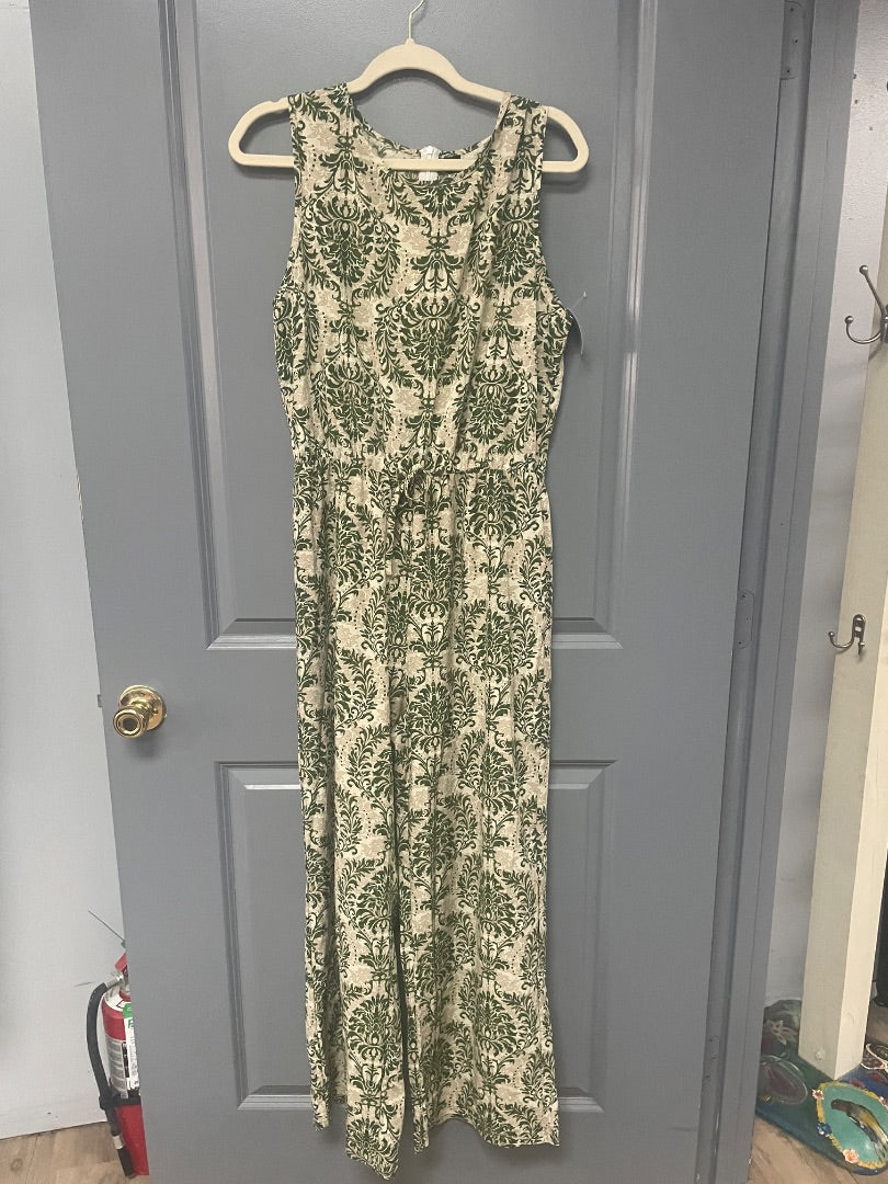 TAN/GREEN SHEIN DAMASK PRINT JUMPSUIT, LADIES XL
