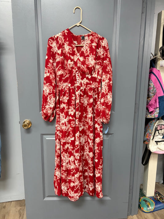 RED SHEIN FLORAL BUTTON DRESS, LADIES M