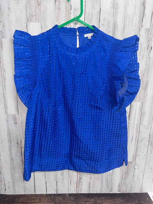 BRIGHT BLUE JODIFL SQUARE PRINT RUFFLE SLEEVE BLOUSE, LADIES M