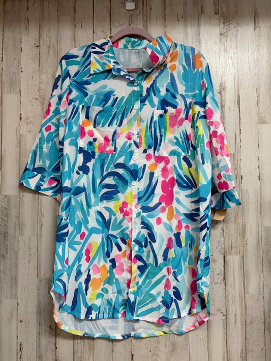 WHITE/BLUE  SHEER PRINTED BUTTON DRESS, LADIES L