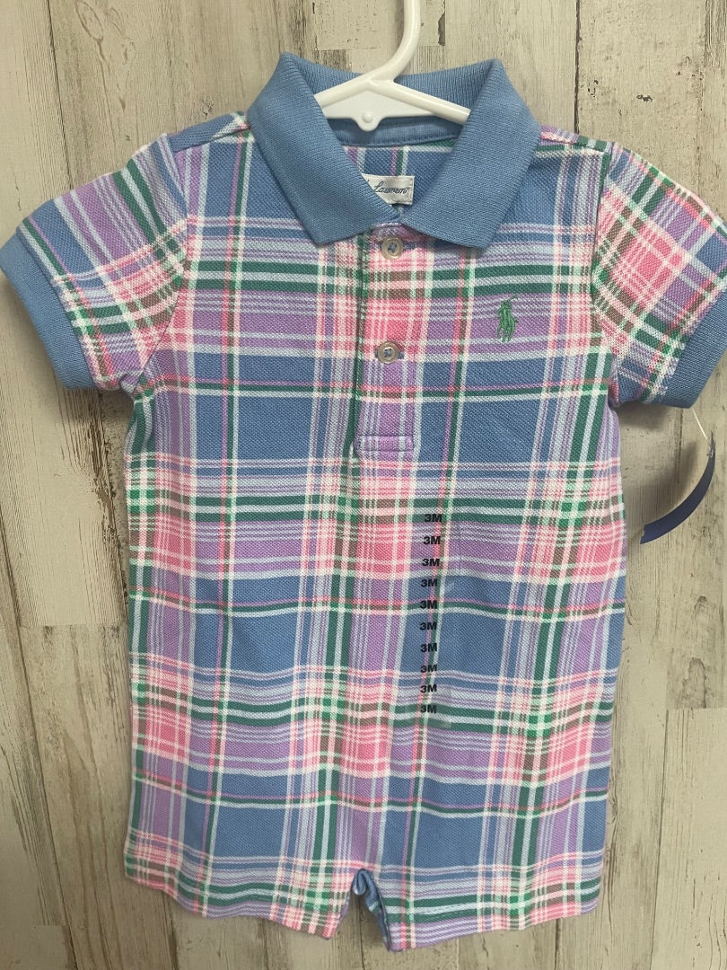 PASTEL RALPH LAUREN NEW PLAID POLO ROMPER, BOY 3M