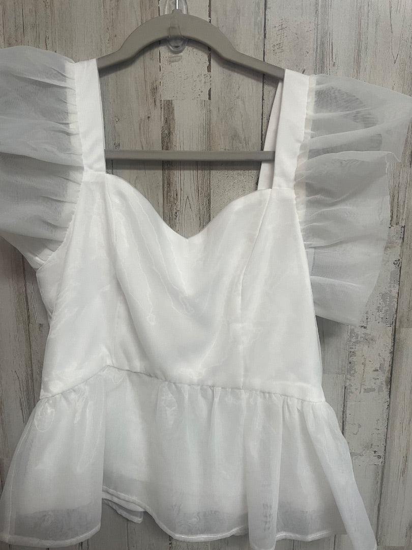 WHITE TCEC NEW SHEER SLEEVE PEPLUM TOP, LADIES M