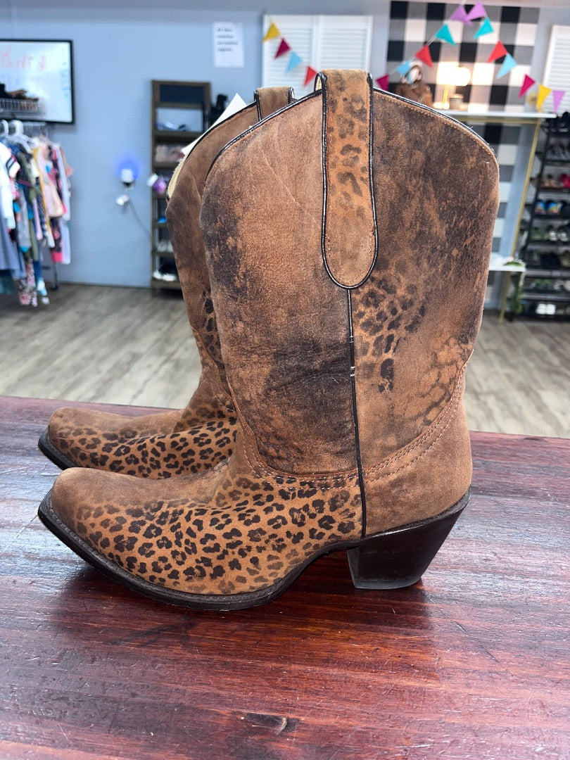 BROWN CORAL LEOPARD LEATHER BOOTS, SHOES A9
