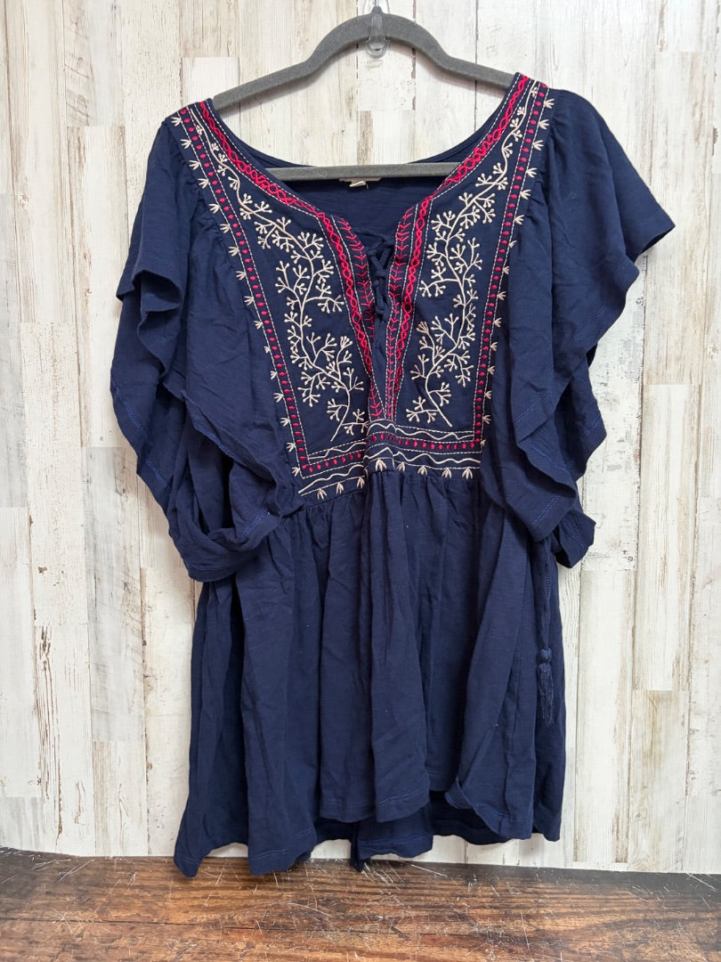 NAVY ODDY EMBROIDERED FLUTTER SLEEVE BLOUSE, LADIES 2X