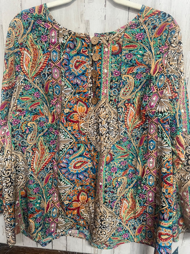 BROWN EMERY ROSE PAISLEY BUTTON SATIN TOP, LADIES 3X