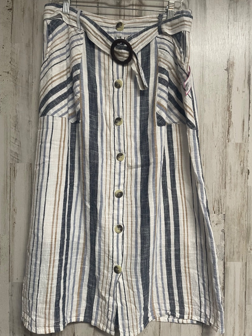 WHITE/BLUE CATO BELTED BUTTON LINEN STRIP SKIRT, LADIES M