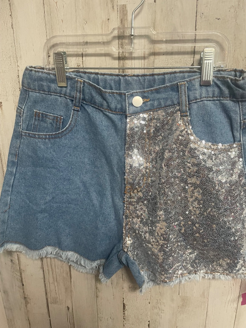 LIGHT DENIM BOUTIQUE SEQUIN BLOCK JEAN SHORTS, GIRL 10/12