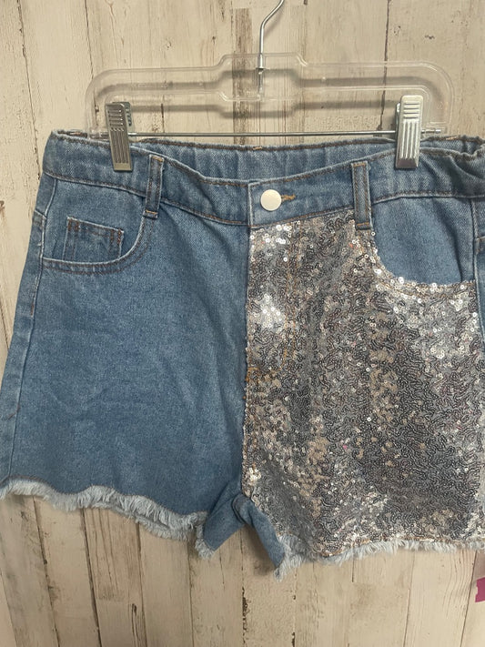 LIGHT DENIM BOUTIQUE SEQUIN BLOCK JEAN SHORTS, GIRL 10/12