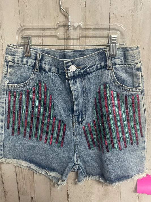 DENIM/PINK/TEAL BOUTIQUE COLORFUL STRIPE SEQUIN JEAN SHORTS, GIRL 10/12