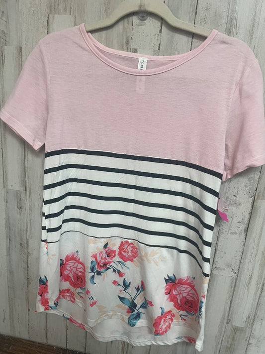 PINK TICKLED TEAL STRIPE FLORAL COLOR BLOCK TEE, LADIES M