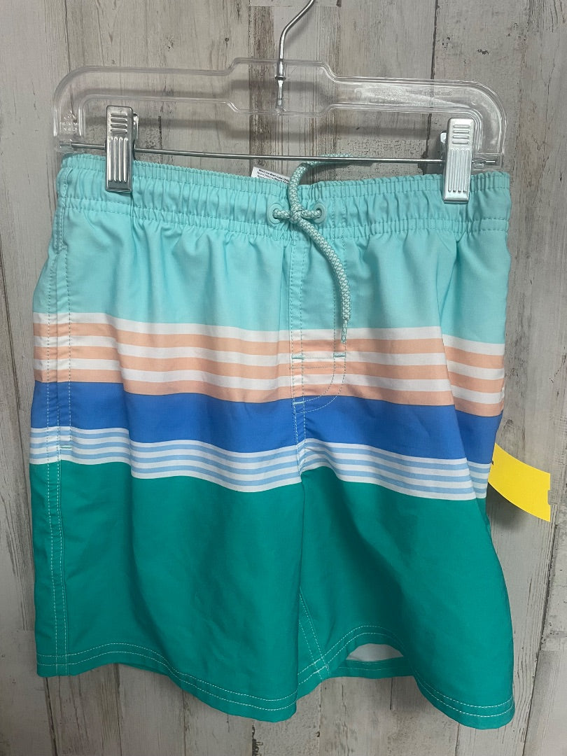 TEAL WONDER NATION STRIPE SWIM SHORTS, BOY 8