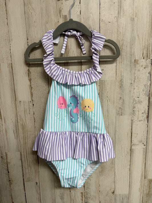 MINT/PURPLE MARIE NICOLE STRIPE SEA ANIMAL RUFFLE SWIM, GIRL 4T