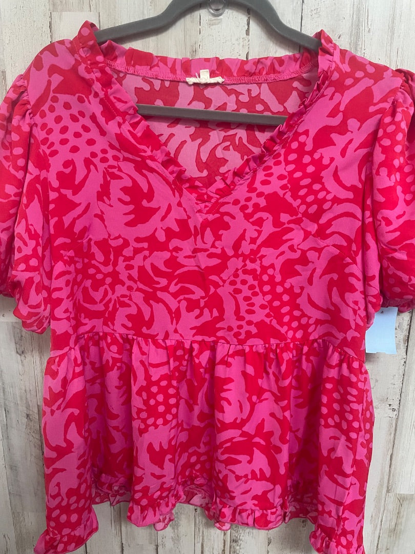 PINK/RED JODIFL PATTERN PRINT V NECK TIER TOP, LADIES S