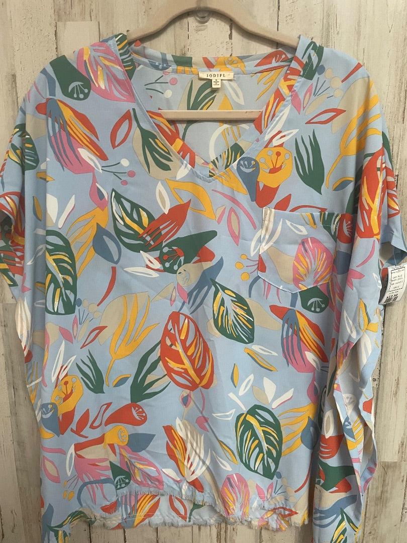 BLUE JODIFL TROPICAL LEAF PRINT V NECK, LADIES S