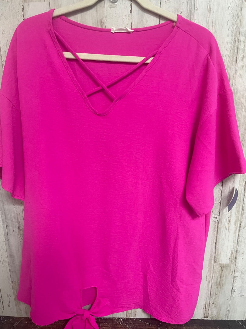 BRIGHT PINK FIRST LOVE CRISS CROSS V NECK KNOT TOP, LADIES M