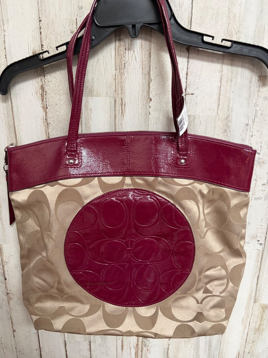 COACH LOGO LEATHER TRIM TOTE PURSES, TAN/MAROON