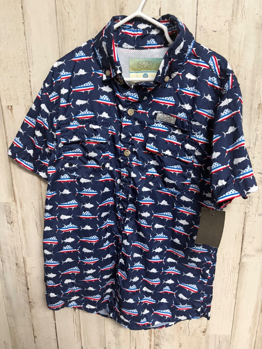 NAVY OCEAN COAST FISH PRINT FISHING BUTTON UP, BOY 7