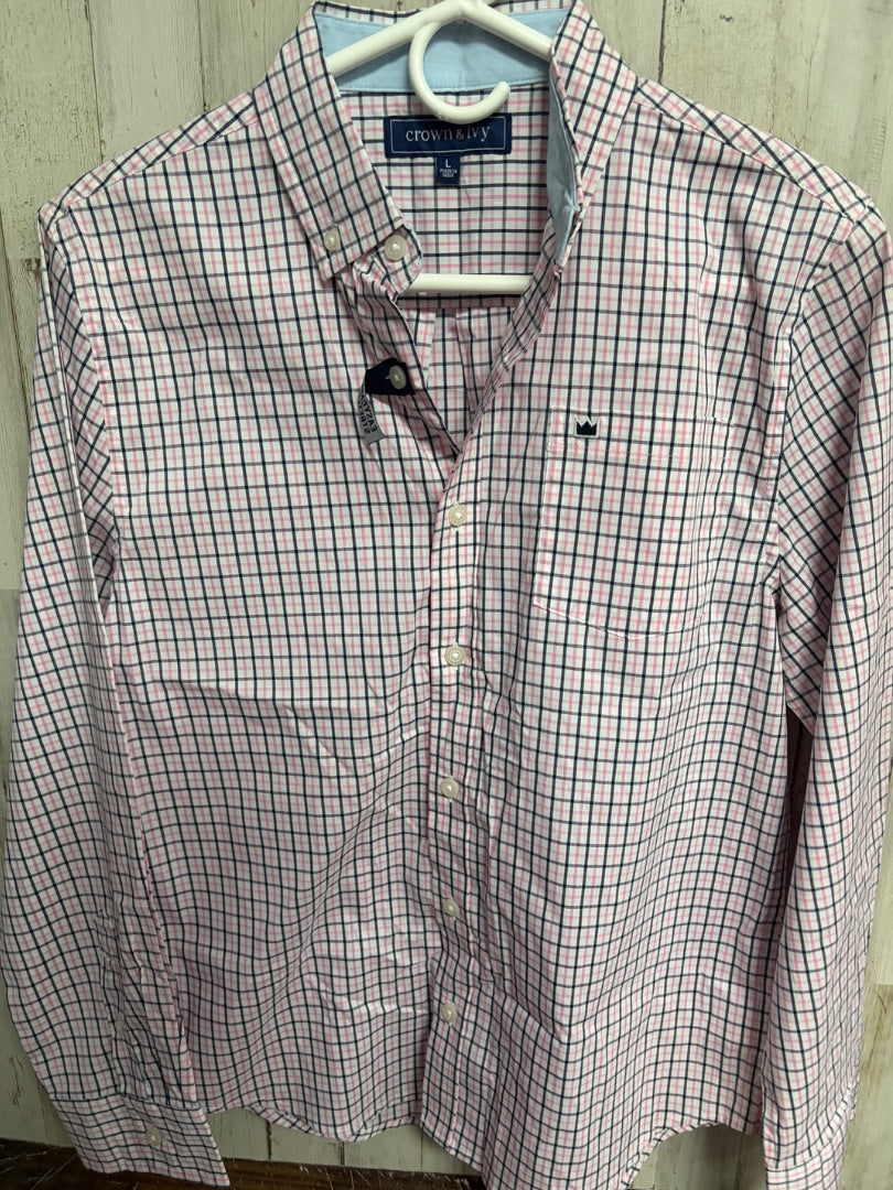 PINK/NAVY CROWN & IVY NEW PLAID BUTTON UP, BOY 14/16