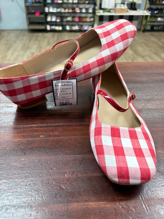 RED/WHITE  PLAID LOW HEELS, SHOES A6