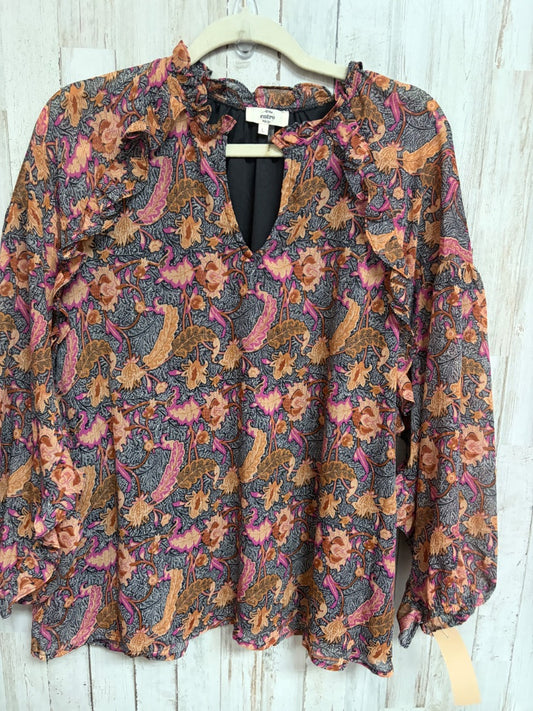 BLACK/TAN ENTRO FLORAL SHEER SLEEVE BLOUSE, LADIES L