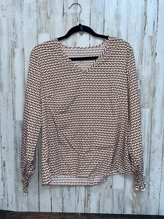 WHITE/TAN SHEIN PRINTED V NECK BLOUSE, LADIES M